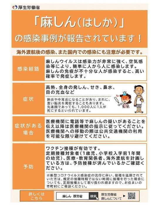 麻しん(はしか)の感染事例が報告されています 厚生労働省リーフレット