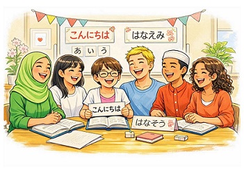 日本語を楽しそうに学習しているイラスト