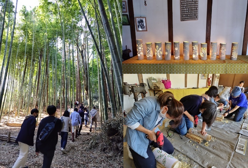 竹林の様子や竹灯籠づくり体験の写真